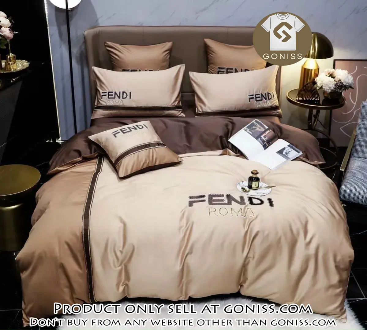 Fendi roma brown premium luxury brand bedding set duvet cover home decor special gift gn5425738